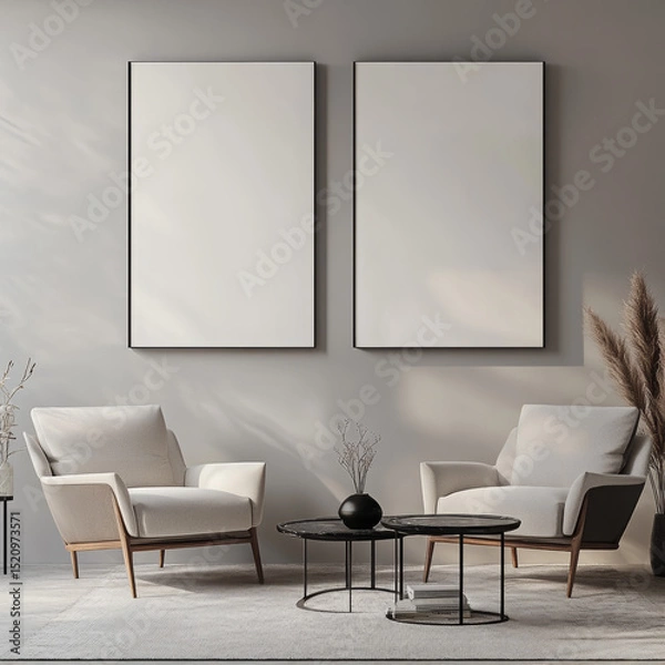 Fototapeta Double blank canvas on wall in modern grey room, perfect for home decor mockup with minimalist and neutral interior style.
