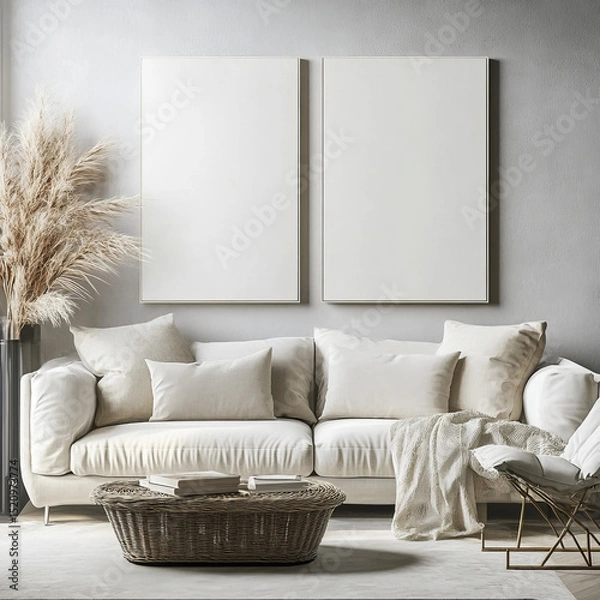Fototapeta Double blank canvas on wall in modern grey room, perfect for home decor mockup with minimalist and neutral interior style.
