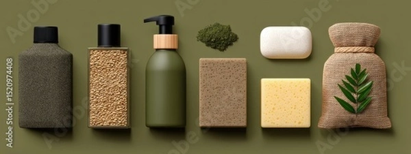 Obraz A collection of toiletries and bath products are arranged on a green background