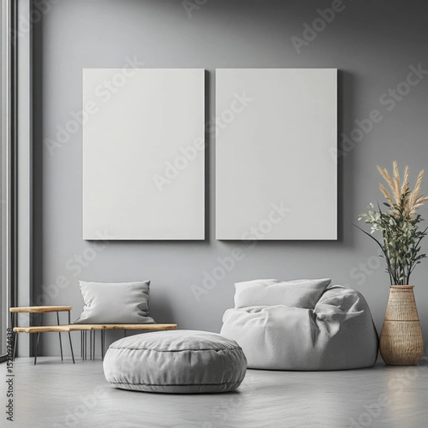Fototapeta Double blank canvas on wall in modern grey room, perfect for home decor mockup with minimalist and neutral interior style.
