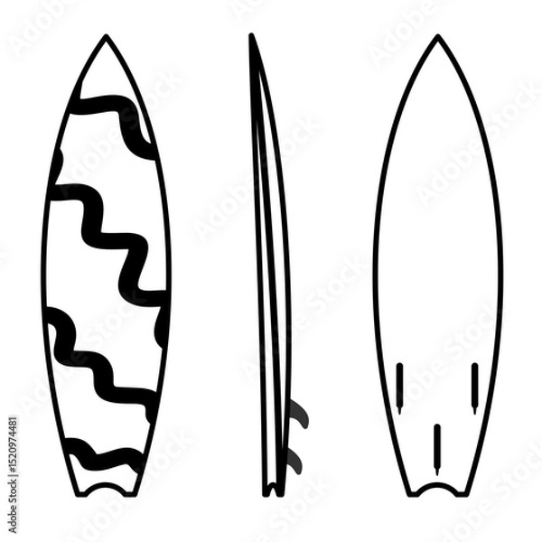 Obraz Vector Icon Blue surfboard in full visual display,
seen from front, side, and back,
line art style