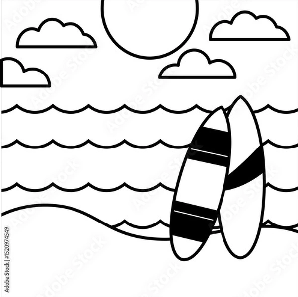 Obraz Vector Icon Two surfboards stuck in beachside sand,
with waves, clouds, and bright sun,
line art style
