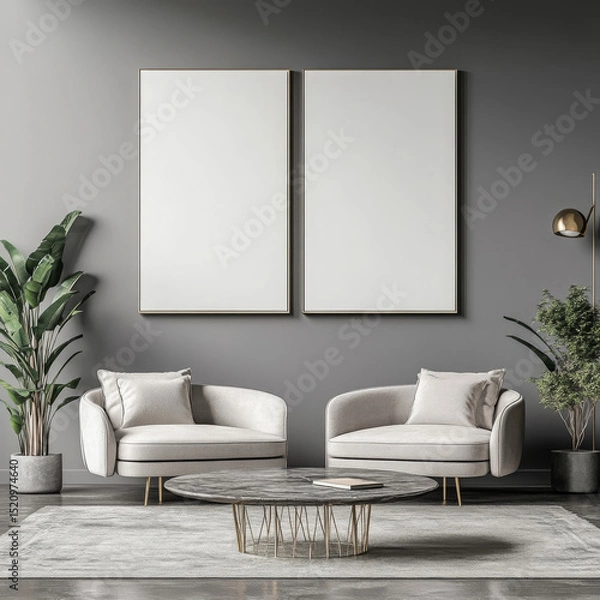 Fototapeta Double blank canvas on wall in modern grey room, perfect for home decor mockup with minimalist and neutral interior style.
