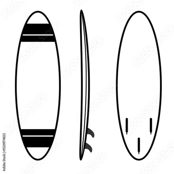 Obraz Vector Icon Red surfboard shown from three angles,
front, side, and back with smooth curves,
line art style
