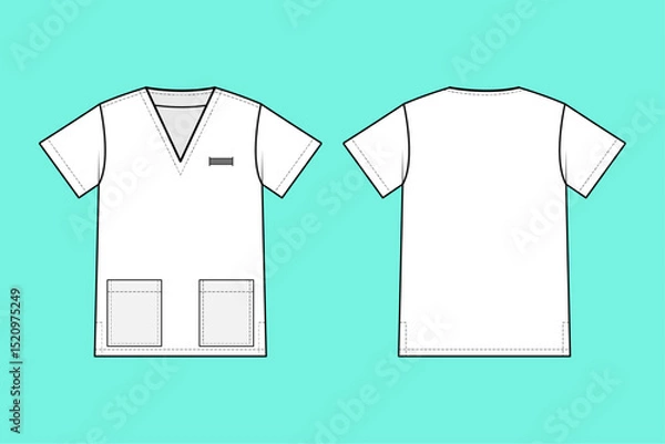 Fototapeta Unisex V neck short sleeve Black and White medical Scrub fashion flat sketch CAD mockup front and back views.