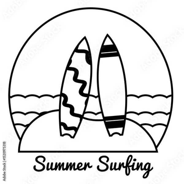 Obraz Vector Icon Two surfboards standing on a sand mound,
with ocean scenery in the background,
line art style