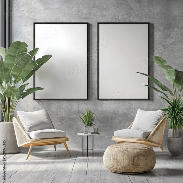 Fototapeta Double blank canvas on wall in modern grey room, perfect for home decor mockup with minimalist and neutral interior style.
