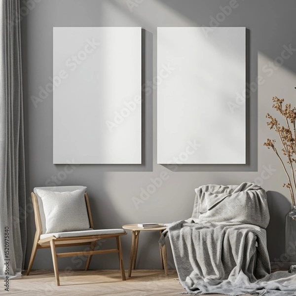 Fototapeta Double blank canvas on wall in modern grey room, perfect for home decor mockup with minimalist and neutral interior style.
