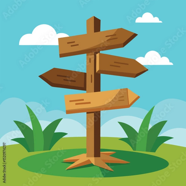 Fototapeta Cartoon Wooden Directional Signpost with Arrows on Green Field against Blue Sky