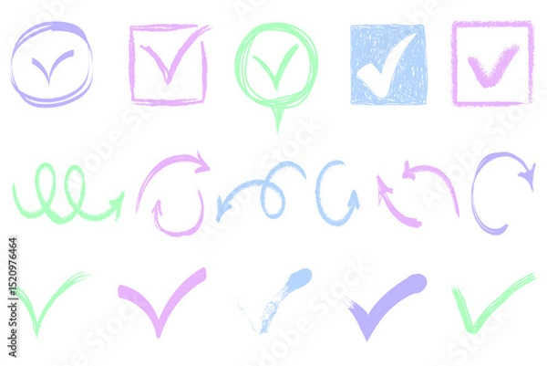 Obraz png hand-drawn checkbox and marker elements with pastel stroke check underline wax crayon ellipse fun sketch arrow memo shape chalk x divider bullet quote texture children frame


