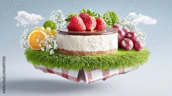 Obraz Delicious cheesecake topped with fresh strawberries, surrounded by vibrant fruits and greenery, presented on a floating grassy platform, creating a whimsical and appetizing dessert scene