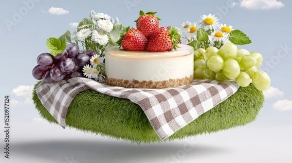 Obraz Delicious cheesecake topped with fresh strawberries, surrounded by vibrant flowers and grapes, elegantly presented on a green grass base, creating a delightful and inviting dessert scene