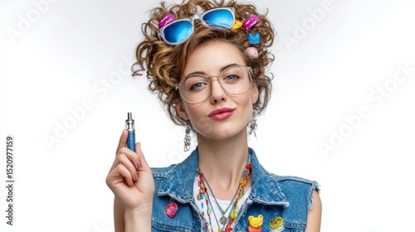 Obraz Young woman with curly hair wearing stylish sunglasses and denim vest, holding a vape device, showcasing a trendy lifestyle with colorful accessories and playful expression in a bright atmosphere