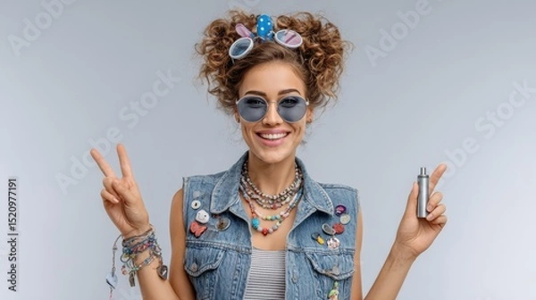 Obraz Young woman with curly hair wearing sunglasses and a denim vest, holding a vape device, smiling and making a peace sign, showcasing a vibrant and playful lifestyle in a modern setting