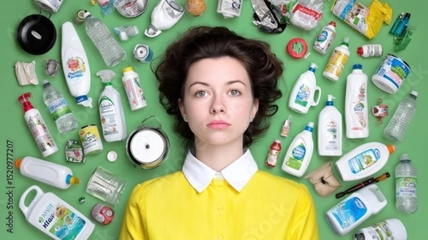 Obraz Young woman in yellow shirt surrounded by various cleaning products and waste items, illustrating the impact of consumerism and environmental awareness in a vibrant green setting
