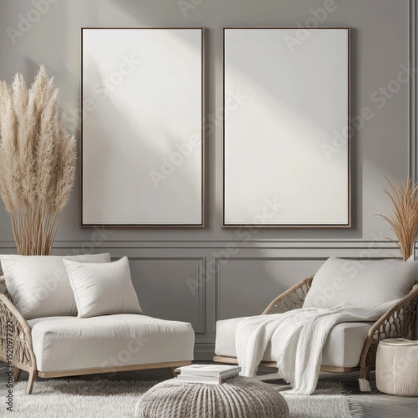 Fototapeta Double blank canvas on wall in modern grey room, perfect for home decor mockup with minimalist and neutral interior style.
