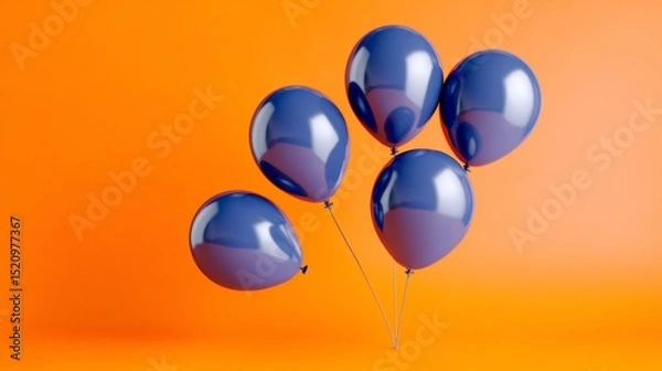 Obraz Five glossy blue balloons floating against a vibrant orange background, creating a cheerful and festive atmosphere, perfect for celebrations, parties, or decorative events, conveying joy and excitemen