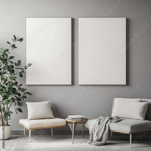 Obraz Double blank canvas on wall in modern grey room, perfect for home decor mockup with minimalist and neutral interior style.
