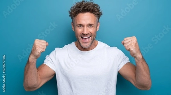 Obraz Energetic man with curly hair wearing a white t-shirt, expressing excitement with raised fists against a vibrant blue background, showcasing joy and enthusiasm in a celebratory moment