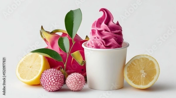 Fototapeta Colorful dessert display featuring vibrant pink soft serve ice cream in a white cup, surrounded by fresh dragon fruit, lychee, and lemon slices, creating a visually appealing and refreshing treat arra