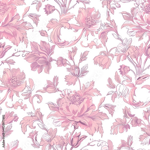 Fototapeta Pink Toile De Jouy Vintage Floral Seamless Pattern 08. Elegant Vector Graphics Print design