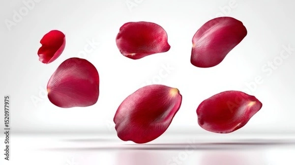Obraz Vibrant red rose petals gracefully floating in mid-air against a soft white background, creating an elegant and romantic atmosphere, perfect for floral design and beauty concepts