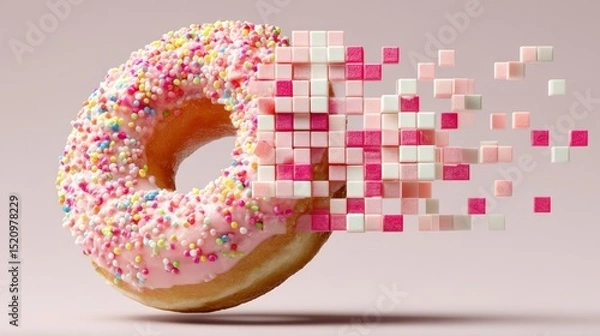 Obraz Colorful donut with pink icing and sprinkles, visually transforming into pixelated squares, creating a dynamic and artistic representation of dessert and digital art fusion