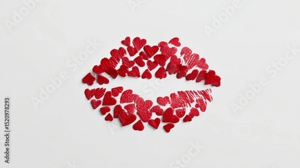 Obraz Red lip print surrounded by small heart shapes on a clean white background, creating a romantic and playful atmosphere, perfect for love-themed designs and creative projects