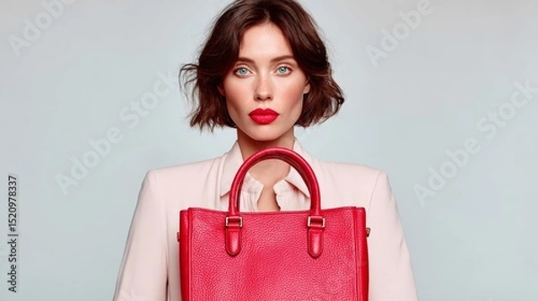 Obraz Stylish woman with short dark hair, wearing a light blazer, confidently holding a vibrant red handbag against a soft gradient background, showcasing modern fashion and elegance in accessories