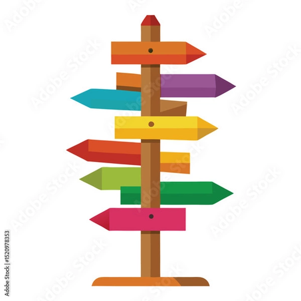 Fototapeta Colorful Directional Signpost with Multiple Wooden Arrows Pointing in Different Directions on White