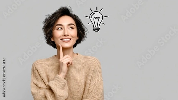 Obraz Young woman with short hair wearing a cozy beige sweater, smiling and pondering an idea, with a lightbulb illustration above her head, representing creativity and inspiration in a minimalist setting