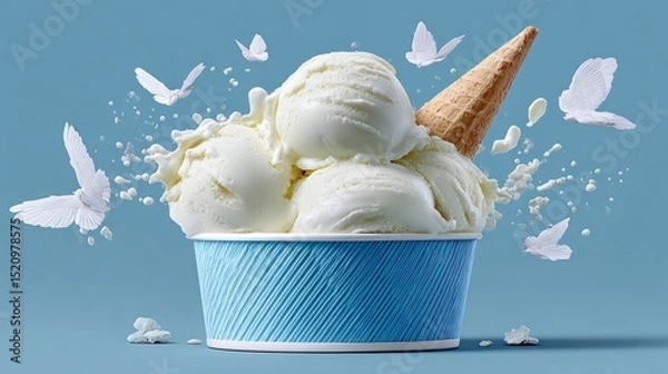 Fototapeta Ice cream in a blue cup with three scoops, topped with a cone, surrounded by splashes of cream and delicate butterflies, creating a whimsical and refreshing dessert scene