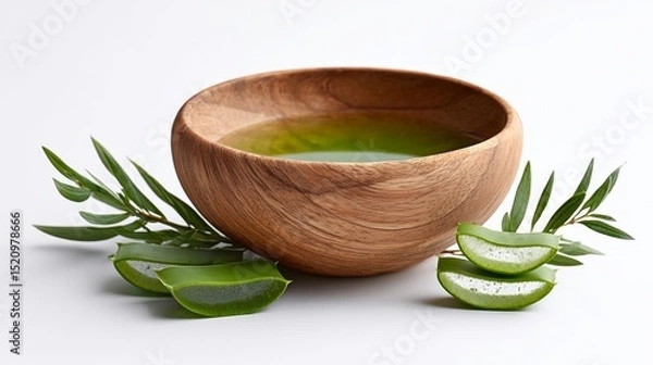 Obraz Wooden bowl filled with vibrant green liquid, surrounded by fresh aloe vera leaves and sprigs, showcasing natural beauty and wellness, perfect for health and skincare themes in visual storytelling
