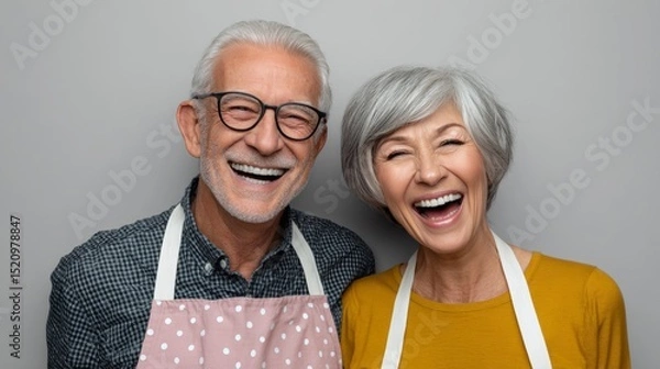 Obraz Happy elderly couple wearing aprons, smiling broadly against a neutral background, showcasing joy and connection, embodying love and companionship in a warm, inviting atmosphere