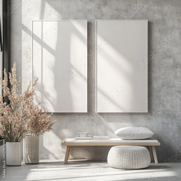 Fototapeta Double blank canvas on wall in modern grey room, perfect for home decor mockup with minimalist and neutral interior style.
