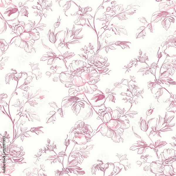 Fototapeta Pink Toile De Jouy Vintage Floral Seamless Pattern 09. Elegant Vector Graphics Print design