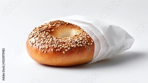 Obraz Freshly baked sesame bagel wrapped in white paper, showcasing its golden-brown crust and soft interior, ideal for breakfast or snack, highlighting deliciousness and culinary appeal