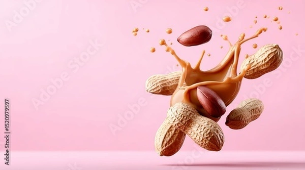 Fototapeta Peanuts splashing in creamy peanut butter against a soft pink background, creating a dynamic and appetizing visual, showcasing the deliciousness and texture of this popular snack food