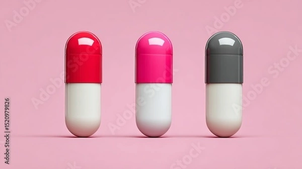 Obraz Colorful capsules in red, pink, and gray arranged in a row on a soft pink background, showcasing modern pharmaceutical design and vibrant aesthetics for health and wellness concepts