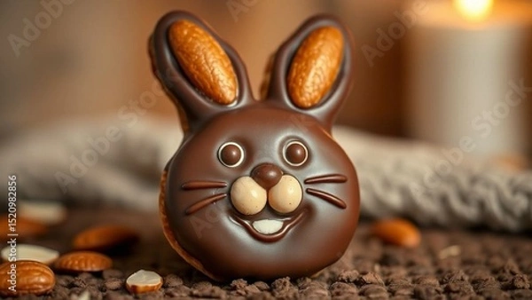 Obraz Chocolate-coated biscat with almond ears, playful expression."
