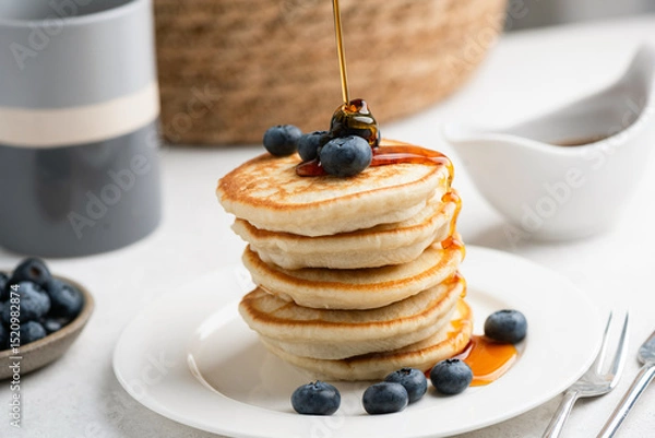 Fototapeta Stack of pancakes with blueberries and pouring maple syrup