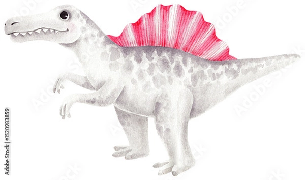 Fototapeta Cute gray spinosaurus with pink fin. Big sail and big teeth. Wild fantasy dinosaur. Isolated character. Watercolor work on paper. Handmade.