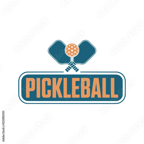 Fototapeta Modern Pickleball Logo with Bold Text, Contemporary pickleball logo featuring crossed paddles and ball above bold orange lettering inside a rounded blue frame.

