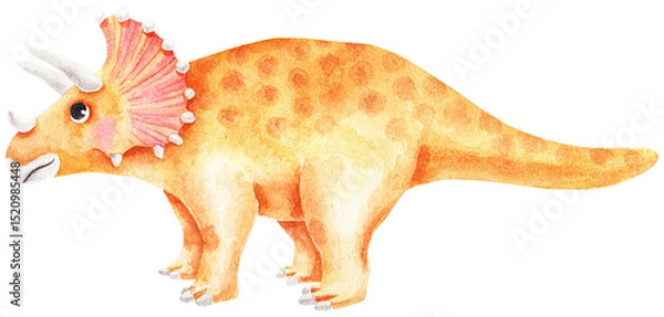 Fototapeta Orange triceratops with three horns. Calmly standing. Watercolor dinosaur for children. Cute isolated character. Handmade with paints on paper.
