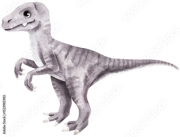 Fototapeta Playful velociraptor with sharp teeth. Fast and furious. Watercolor illustration of a dinosaur. Biting cute character. Handmade.