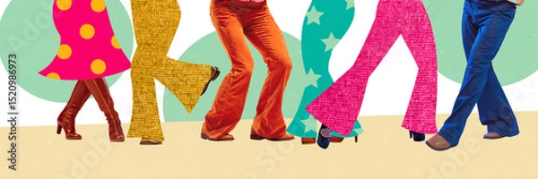 Fototapeta Banner. Graphic composition. Legs of dancers in retro pants and boots walking across light floor with abstract light accents. Concept of fashion rhythm and playful funky detail.