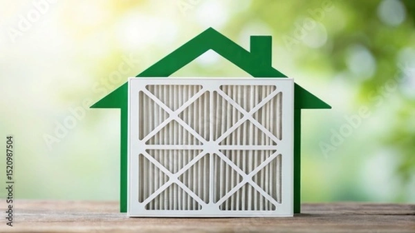 Obraz Furnace Filter concept. House-shaped air filter against a blurred green background.