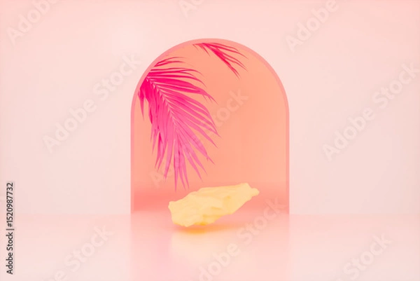 Fototapeta Beauty fashion backdrop for product display with summer tropical leaves. 3d rendering