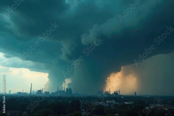 Fototapeta Dark, ominous storm clouds filled with pollution, smog, and industrial haze hang heavy in the sky, a bleak and polluted atmosphere , atmospheric pollution, storm clouds, smoke