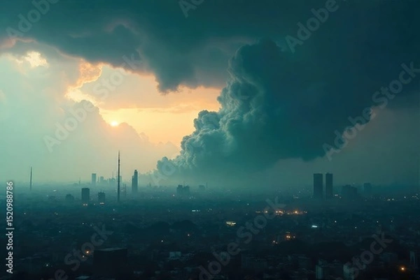 Fototapeta Dark, ominous storm clouds filled with pollution, smog, and industrial haze hang heavy in the sky, a bleak and polluted atmosphere , fumes, cloudy, unhealthy